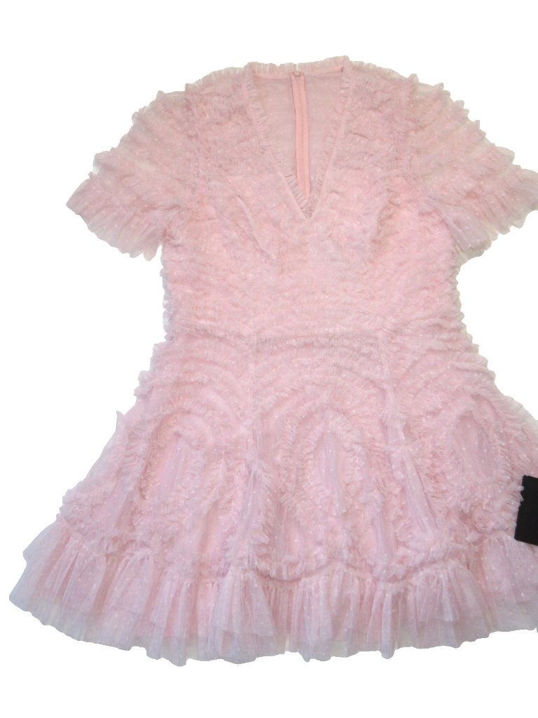 Nwt Needle & Thread Verity In Blush Pink Tulle Ruffle V-Neck Micro Mini Dress 12 — image 6 of 8